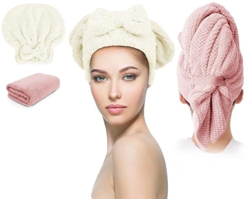 Molirex Hair Plopping Towel Curly with Snaps, Women 2 Pack Hair Drying Towel Wrap Super Absorbent & Quick Dry Turbans for All Hair Types Anti Frizz Pink&Beige - Image 1