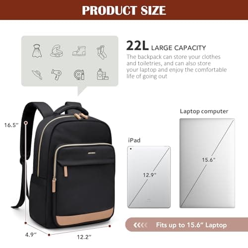 MDODO Laptop Backpack for Women,Travel Backpack with Laptop Compartment,Casual Daypack College Bookbag Computer Work Backpack, Black - Thumbnail 2