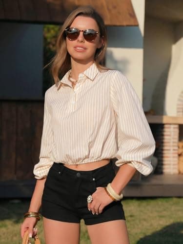 EXLURA Women's 100% Cotton Long Sleeve Crop Tops Summer Striped Collared Button V Neck Pullover Shirt Elastic Hem Y2K Blouse Apricot - Thumbnail 3
