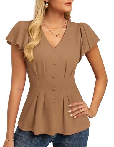 GRACE KARIN Summer Blouses for Women Dressy Casual, 2026 Ruffle Sleeve Peplum Tops, V Neck Business Work Shirts Khaki XL - Image 1