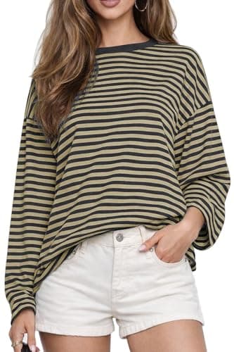 CHYRII Women Oversized Striped Long Sleeve T Shirts Fashion Casual Fall Spring 2026 Tops Y2K Clothes (Dark Grey+Beige L) - Image 1