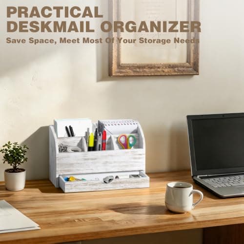 SeekElegant Wood Mail Organizer with Drawer & Pen Holder, White Mail Holder with 5 Detachable Compartments, Desk Organizer for Bill Envelope Storage, for Office Entryway Kitchen Countertop - Thumbnail 3