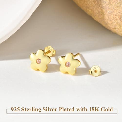S925 Sterling Silver Stud Earrings for Women-Flower Stud Cubic Zirconia Post Earrings 18K Gold Plated Hypoallergenic Earrings Dainty Jewelry Gifts 6 CZ Colors Options for Mother Wife Sisters Friends (Gold - pink zircon) - Thumbnail 5
