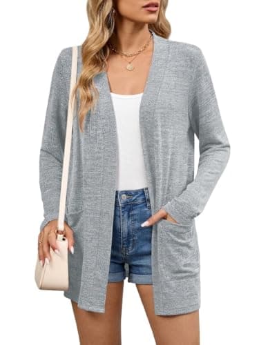 DEARCASE Cardigan Sweaters for Women Trendy Light Gray Medium Long Sleeve V Neck Open Front Ladies Cardigans Lightweight Womens Sweater Thin Bolero Soft Spring Fall Tops Knitted Coat with Pockets - Image 1
