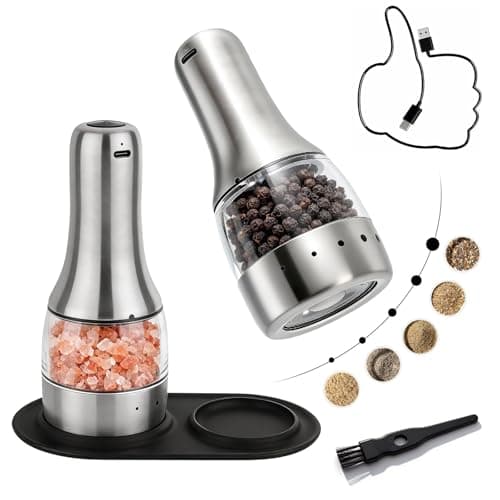 Electric Salt and Pepper Grinder Mill Set, 90ml Rechargeable Automatic Salt and Pepper Shakers with Dusty Tray, LED Lights, 5 Adjustable Coarseness for Kitchen, Outdoor Birthday Gifts for Women Mom - Image 1