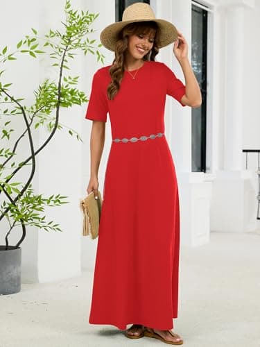KORSIS Causal Red 2XL Dresses for Women Short Sleeve Summer Red S Long T-Shirt Dress Loose Beach Vacation Sundress with Pockets - Thumbnail 5