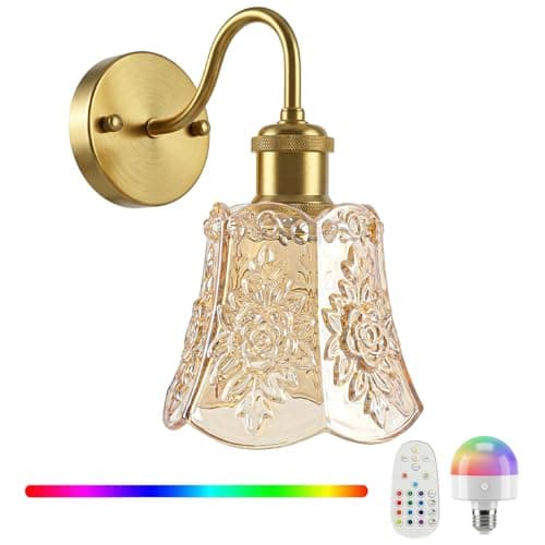 YUNICE Vintage Battery Operated Wall Sconces Set of 1 Rechargeable Wall Sconce Wireless Wall Lights with Remote Control & Amber Glass Lampshade for Bedroom Living Room Vintage Indoor E26 Type-C - Image 1