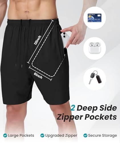 UUMIAER Mens Athletic Gym Shorts 7" Utra-Light Quick Dry Running Workout Basketball Shorts with Zipper Pockets Sports Tennis Black - Thumbnail 2