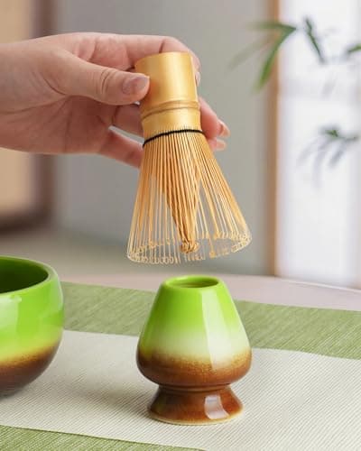 Joiish Matcha Whisk Set, Gradient Matcha Kit, Ceramic Bowl with Spout (18oz), Bamboo Whisk, Stainless Sifter, Scoop & Chasen Holder, 5-PC Complete Macha Tea Ceremony Tools (Bamboo-Green) - Thumbnail 6