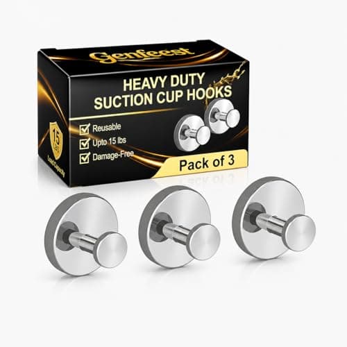 Genfest Suction Cup Hooks, Shower Hooks No Drill, Heavy Duty Wall Hooks for Hanging 15lbs, Reusable Waterproof Towel Hooks for Bathrooms Kitchen Glass Door Tile, Stainless Steel Hook Holder 3 Pack
