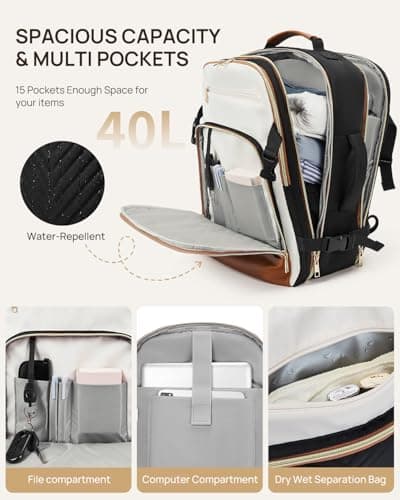 Telena Travel Backpack for Women, 17.3 inch Laptop TSA Carry On Personal Item Size Flight Approved Travel Bag Daypack with Multi-Pockets for Work, Travel, Business, Black-Beige-Brown - Thumbnail 6