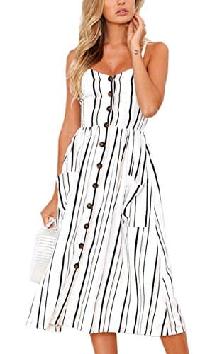 Angashion Women's Dresses-Summer Floral Bohemian Spaghetti Strap Button Down Swing Midi Dress White Striped M - Image 1