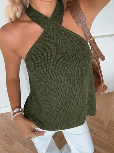 LaGracia Women's Halter Criss Cross Crochet Tops Knit Sleeveless Sweater for Women Tank Trendy Elegant Spring Summer Outfits 2026 ArmyGreen S - Thumbnail 4