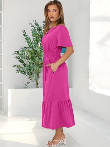ANRABESS Women's Summer Short Sleeve Maxi Dress 2026 Casual V Neck High Waist A-Line Flowy Loose Tiered Boho Long Dresses Red Large - Thumbnail 4