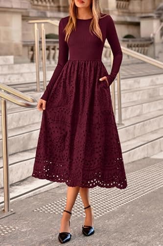 dowerme Women Spring Dresses 2026 Casual Long Sleeve Crewneck A-Line Boho Eyelet Cotton Maxi Wedding Guest Dress Pockets(Dark Red,Small) - Thumbnail 2