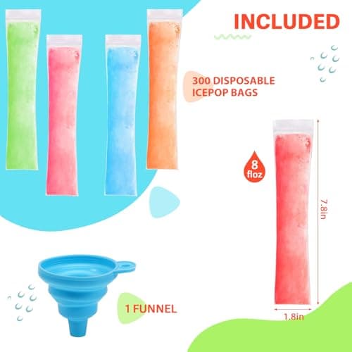 300 Disposable Ice Popsicle Mold Bags, BPA-Free Freezer Tube, Popsicle Mold bags with Zip Seals&Funnel, Summer Homemade DIY Snacks, Yogurt Sticks, Juice & Fruit Smoothies. (300, Transparent) - Thumbnail 4