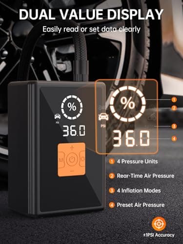 Tire Inflator Portable Air Compressor, 22 Cylinder 6X Faster Tire Pump 150 PSI Air Pump for Car, Motorcycle, Bicycle, Ball - Cordless & 12V DC - Thumbnail 5