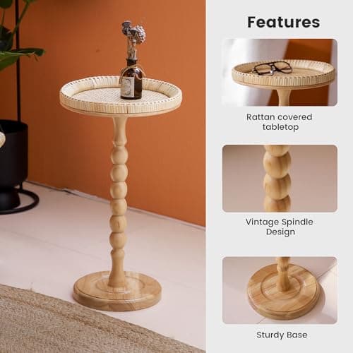 HuiDao Drink Table，Rattan Round Small Side Table for Small Spaces, Boho Circle End Table Coffee Table with Solid Wood Leg for Living Room, Pedestal Table for Bedroom, Corners - Thumbnail 4