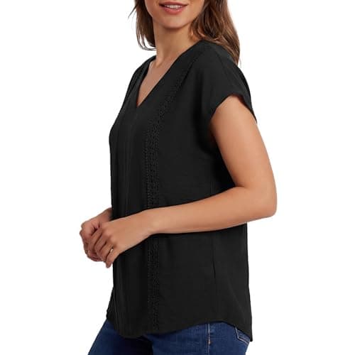 T Shirts for Women Womens V Neck Tops Summer Casual Blouses Dressy Lace Trim Short Sleeve Basic Tees Boho Fashion Black - Thumbnail 4