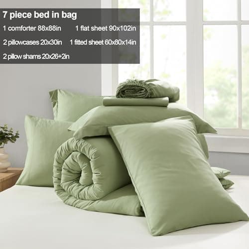 Homelike Moment Queen Comforter Set with Sheets, 7 Piece Sage Green Comforter Set Queen Size, Full Size Bed in a Bag Lightweight and Machine Washable - Thumbnail 5