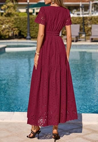 PRETTYGARDEN Short Sleeve Summer Dresses for Women 2026 Elegant Classy Boho High Waist A Line Pleated Wedding Guest Dress (Burgundy, Small) - Thumbnail 5