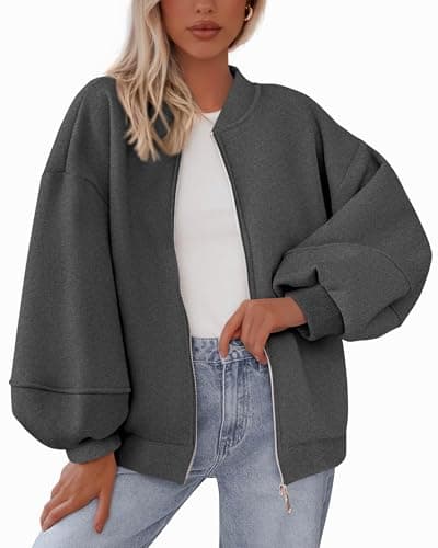 KIRUNDO Oversized Sweatshirt for Women Zip Up Bomber Jacket 2026 Fall Fashion Casual Long Sleeve Outerwear Winter Outfits(Dark Grey, Small) - Image 1