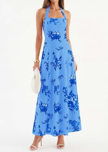 KIRUNDO Women's Summer Sleeveless Halter Floral Maxi Dress 2026 Beach Wedding Guest Cocktail Mesh Flowy A Line Long Sundress(Blue, Large) - Thumbnail 2