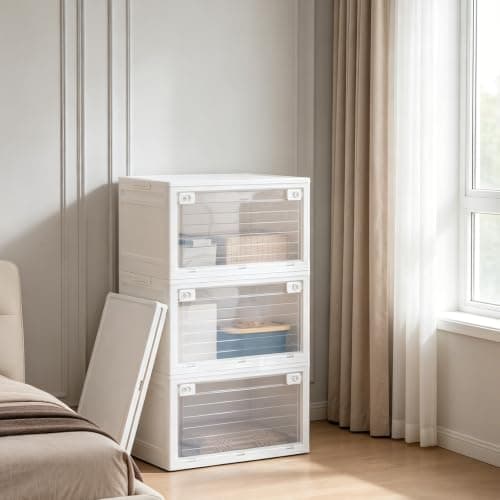 SOBIBO 3-Tier 101QT Stackable Storage Bins with Lid, Doors & Wheels, Collapsible Plastic Organizer Bins for Closet Bedroom, White - Thumbnail 3
