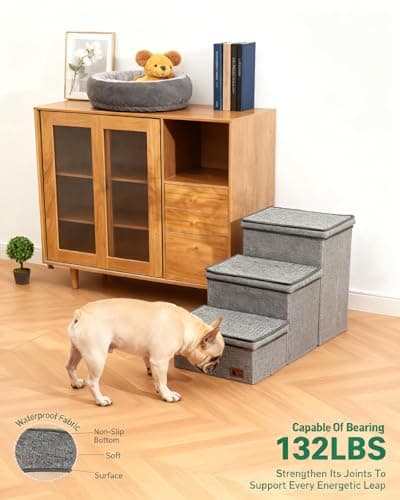 Dog Stairs with Storage, 3-Step Pet Stairs for Small & Medium Dogs and Cats, Dog Steps for Bed, Detachable & Reconfigurable Design, Anti-Slip Steps, Sturdy 132lbs Support, Ideal for Bed, Sofa & Window - Thumbnail 6