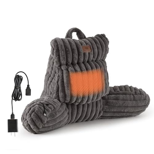 Amélie Home Heated Faux Fur Reading Pillow 3 Temperature Backrest for Sitting in Bed Support Cushion, USB-Powered(No Power Bank Included) Warming (113°F-131°F), 3H Auto Shutoff, Grey, 18 Inches - Image 1