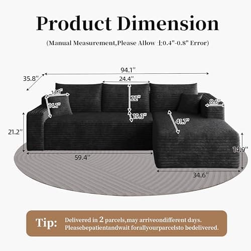 96" Cloud Small Sofa L-Shaped Modular Sectional with Chaise for Apartment & Living Room, Corduroy Deep Seat Boneless Couch, No Assembly Required, (Black, Right Facing Chaise) - Thumbnail 2