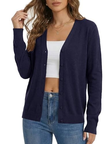 LaGracia Cardigan Sweaters for Women Long Sleeve V Neck Button Down Open Front Wool Blend Lightweight Sweater Navy S - Image 1
