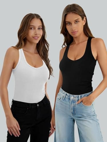GKBK Womens Sleeveless Tank Top Form Fitting Spaghetti Strap V Neck Ribbed Knit Workout Basic Slim Fit Crop Summer 2025 Camisole Layering Casual Shirts Outfits Clothes White XS - Thumbnail 3