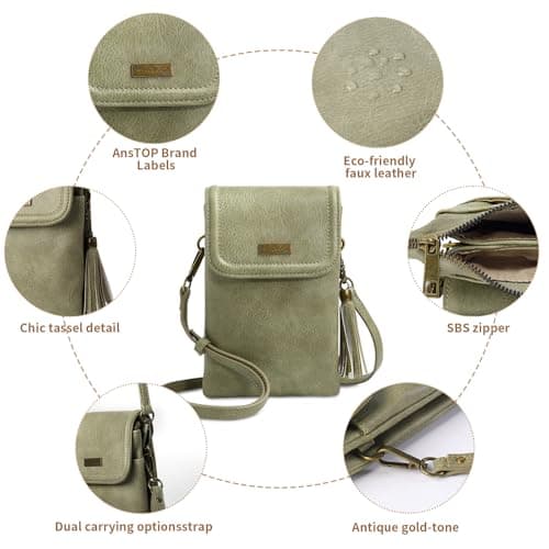AnsTOP Small Crossbody Bag for Women,Minimalist Designer Vegan Leather Phone Purse with Tassel,Handheld & Adjustable Shoulder Strap for Daily Use Green - Thumbnail 6