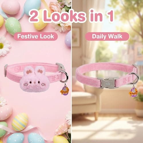 Cute Easter Dog Collar for Puppy Small Medium Large Dogs with Removable Bunny/Rabbit, Pink Girl Dog Collar for Easter, Birthday, Wedding, Daily Wear and Photoshoots (Easter, M: for Medium Dog) - Thumbnail 5