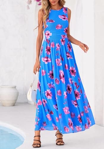 BTFBM Summer Dresses for Women 2026 Floral Maxi Dress Sleeveless Mesh Flowy Spring Wedding Guest Dress Long Sundresses(Blue Red Flower, Small) - Thumbnail 6