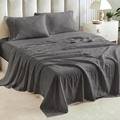 Tokokimo King Sheet Set 4 Piece, Super Soft Washed Cotton-Linen Feel Microfiber, 16" Deep Pocket Fitted Sheet, 1 Flat Sheet, 2 Pillowcases, Breathable Bed Sheets, Grey - Image 1