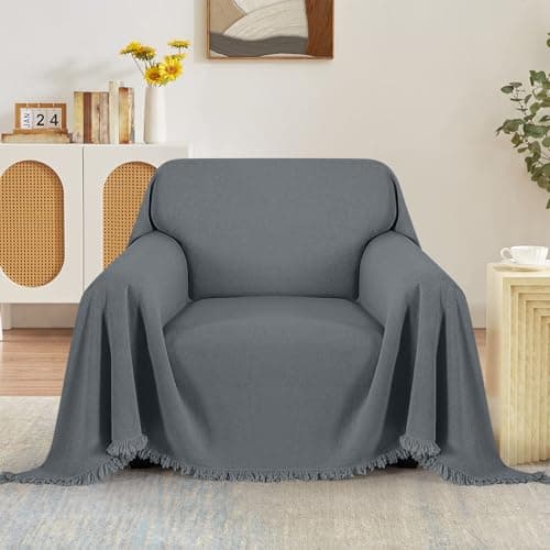 TAOCOCO Couch Cover, Couch Cover Blanket for Sofa, Thick Durable Throw for Sectional Couch, Washable Furniture Protector for Dogs Kids, Tassel Trim, 71''x71'' Dark Grey - Thumbnail 4