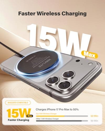 6FT Magnetic Wireless Charger Charging Pad - 15W Fast Phone Charger Puck for Apple iPhone 17 16 15 14 13 12 Series & AirPods 4 3 2 Pro, Phone Charging Pad with Plug for Desk & Travel, 2Pack Black - Thumbnail 2