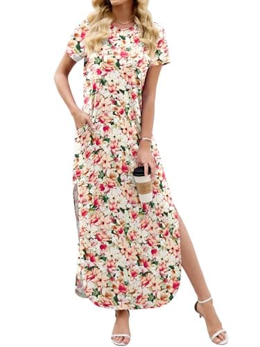 Heymoments Womens Summer Maxi Dress Floral Print Small Short Sleeve Casual Loose Fitted Long T Shirt Ladies Flowy Dresses Split Cute Vacation Party Beach Travel Elegant Sundress with Pockets - Image 1