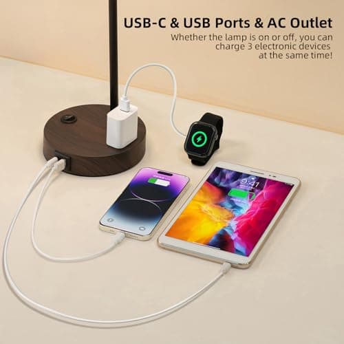 Lsctiff Industrial Table Lamp with Remote Control for Stepless Dimmer & Temperatures, Bedside Lamp with USB C+A Ports and AC Outlet, Flexible Head-Desk Lamp for Bedroom, Living Room, Office (Walnut) - Thumbnail 4