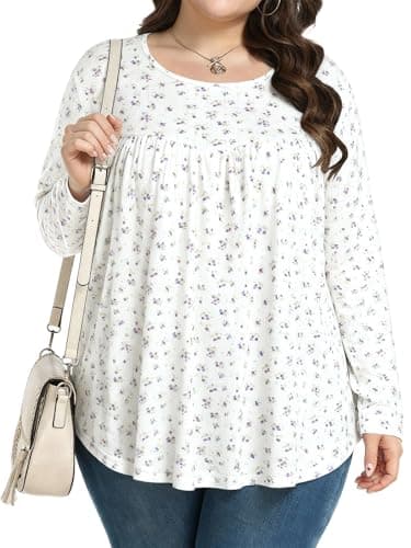 JULYCLO Plus Size Womens Tops Casual Tunic Pleated Blouses Long Sleeve Crew Neck Loose Fit Fall Fashion Shirts 1X-5X - Image 1