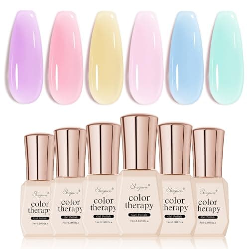 SHOYUM Jelly Crystal Gel Nail Polish Set, 6 Colors Pastel Blue Purple Rainbow Yellow Pink Gel Polish Kit Uv LED Dryer Cured Spring Summer Nail Trend Gel Nail Art Kit Gifts for Women - Image 1