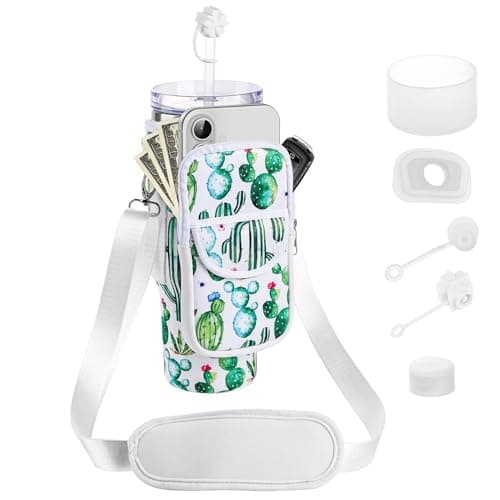 BOCMTR Water Bottle Holder with Strap for Stanley 30/40 oz Tumbler, Fashion Stanley Cup Bag with Big Phone Pocket, Silicone Boot, Straw Cover & Leak Proof Stoppers (Cactus)