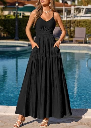 KIRUNDO Maxi Dresses for Women 2026 Summer Sleeveless Spaghetti Strap Long Flowy Beach Vacation Dress Boho A Line Sundress Black - Thumbnail 3
