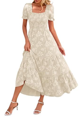 Lazysmile Women's Summer Boho Floral Maxi Dress Short Sleeve Square Neck Smocked Ruffle Elegant Wedding Guest Dress Apricot - Image 1