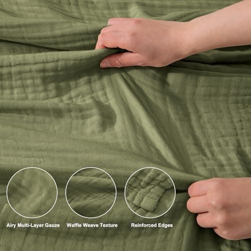 Corizei 100% Cotton Muslin Blankets for Adults Moss Green, 6-Layer Lightweight Large Throw Blanket for Couch, Pre-Washed Breathable Gauze for Bed Layering, All Season Comfort, Olive, 50"x70" - Thumbnail 3
