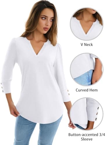 NORACORA 3/4 Length Sleeve Womens Tops with Button Cuffs Dressy Casual Blouses for Women V Neck T Shirts Beach Vacation Spring Summer Outfits White XL - Thumbnail 6