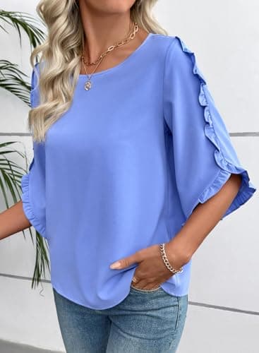 EVALESS 3/4 Length Sleeve Womens Tops Dressy Casual Blouses Crewneck Ruffle Sleeve Shirts Business Work Tops Sky Blue XX-Large - Thumbnail 3