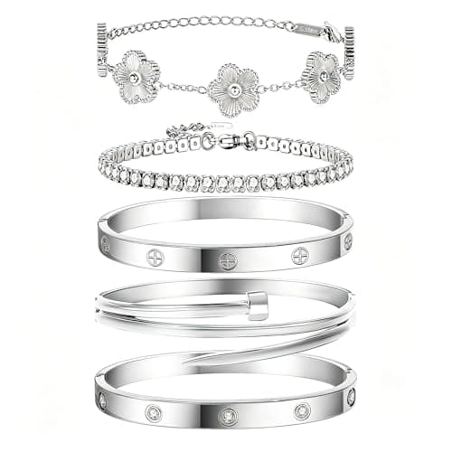 Silver Bracelets for Women-5Sets/4Sets/3ets, Sterling Silver Bracelet,Stainless Steel Bangle Bracelets Non Tarnish, Silver Bracelet Set Trendy Jewelry, Valentines Birthday Prom Christmas Jewelry Gifts - Image 1